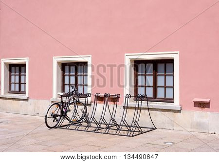 Bicycle racks in bicycle parking facility in old european city Lublin in Poland