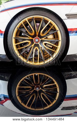 TURIN, ITALY - JUNE 12, 2016: the front wheel of a BMW 3.0 CSL Hommage R. Torino, Italy, Europe.