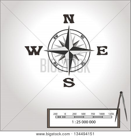 Wind rose illustration. Isolated vector. Element of an antient or old style map decoration. Wind rose is a tool to guide travellers and read maps. Shows North South East West measurment
