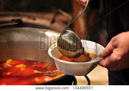 One ration Traditional Goulash soup in the garden