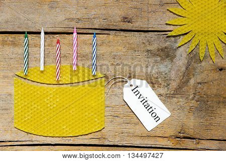 Beeswax, Cake With Candles And Sun On Wooden Table, Invitation