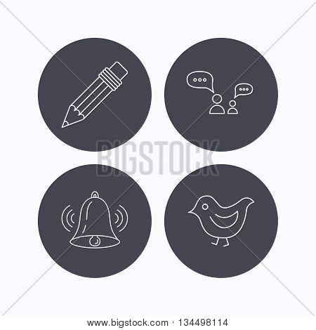 Dialogue, pencil and bird icons. Bell rings linear sign. Flat icons in circle buttons on white background. Vector