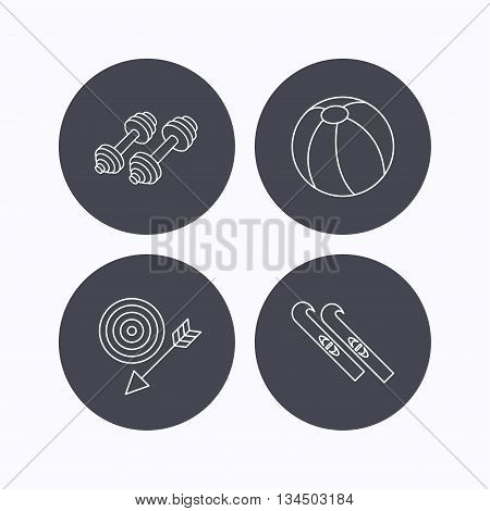 Sport fitness, swimming ball and skis icons. Target with arrow linear sign. Flat icons in circle buttons on white background. Vector