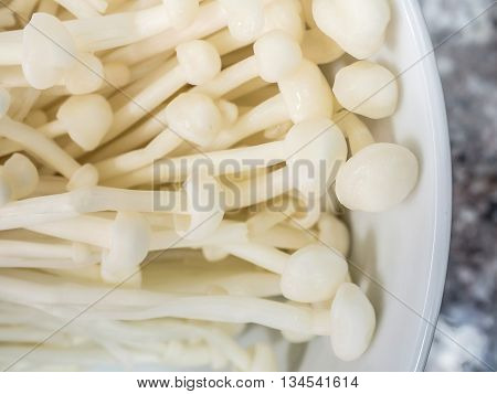 Golden mushroom or Enokitake mushroom in the bowl on the table