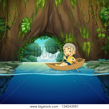 Little boy on wooden rowboat illustration