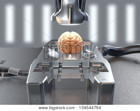 brain lies on a research table top lamp is pointed and made powerful cable on the background of lights.Conceptual illustration. Brain research. Artificial Intelligence. Future of mankind. 3d render