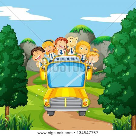 Students riding on yellow school bus illustration