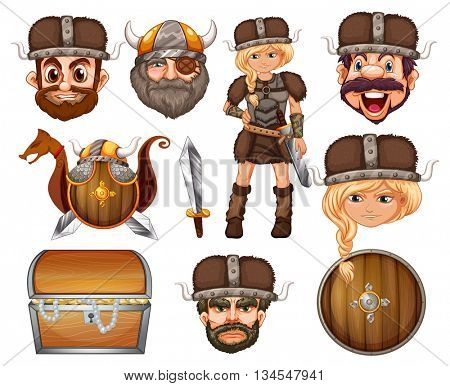 Viking heads and weapons illustration