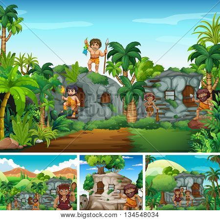 Cavemen living in stone house illustration