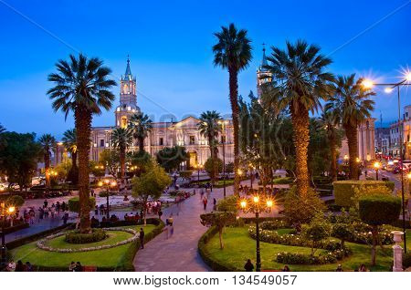 Arequipa Peru on 12 Apr 2015: Cathedral of Arequipa in the evening Peru