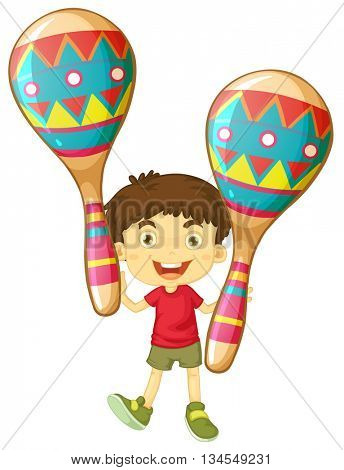 Boy holding maracus in both hands illustration