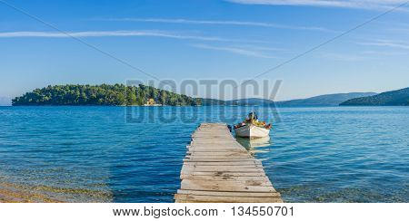 Wooden pier in Nidri island Greece