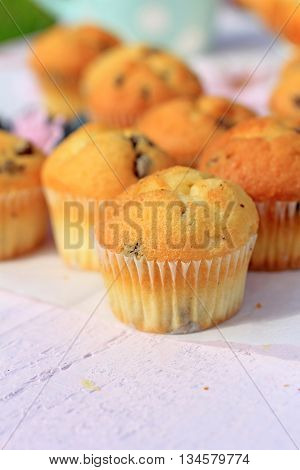 Delicious Scottish muffins on a wooden pink table fresh breakfast in the Spring garden