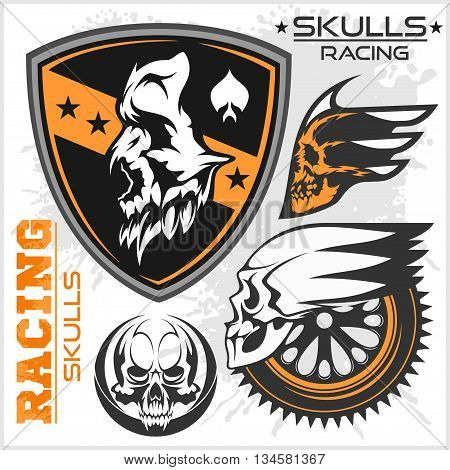 Skulls and car racing symbols on white background