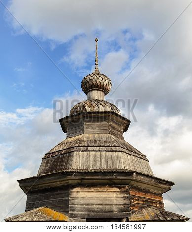 Cupola of old wooden orthodox chapel in the village Nermusha Arkhangelsk region Russia