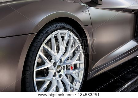 TURIN, ITALY - JUNE 12, 2016: the front wheel of a Audi R8 Spyder V10. Torino, Italy, Europe.
