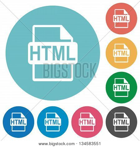 Flat HTML file format icon set on round color background.