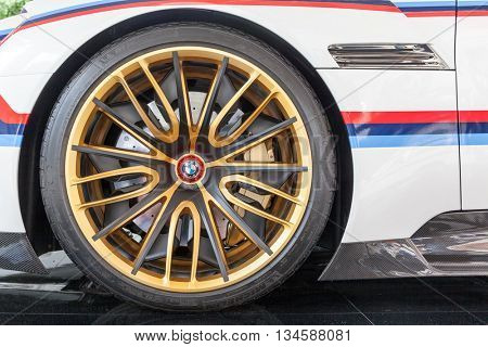 TURIN, ITALY - JUNE 12, 2016: the front wheel of a BMW 3.0 CSL Hommage R. Torino, Italy, Europe.
