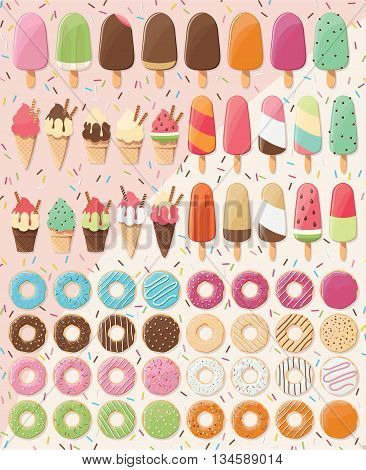 Huge collection of 28 ice creams and 32 donuts delicious and tasty summer treats vector illustration