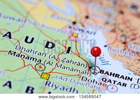 Manama pinned on a map of Bahrain