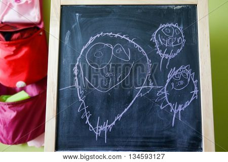 Creative childs chalk hand drawing of a family of three on a blackboard. Family creativity love memory learning and childhood concept.