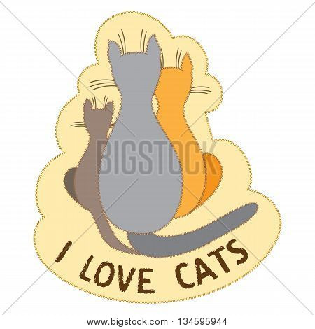 Family cats sit back together on a light yellow background. I love cats text. T-shirt design. Vector illustration. Child book picture. Applique clothes cat design