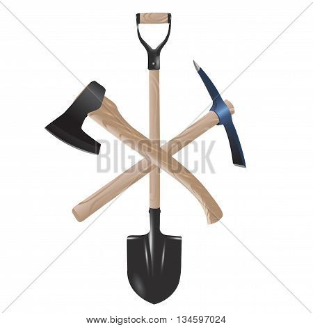 Pickaxe, shovel and ax. Tools digger or miner with wooden handle on white background.