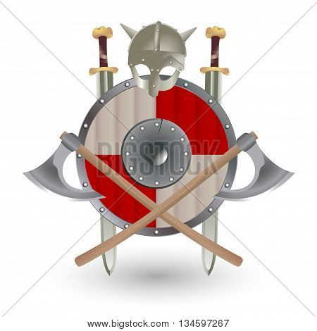 Set Viking equipment: shield, sword, ax and helmet, executed in the form of the emblem.