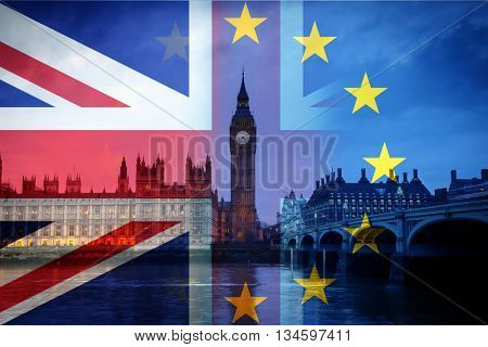 United Kingdom and European union flags combined for the 2016 referendum - Westminster and Big Ben in the bckground