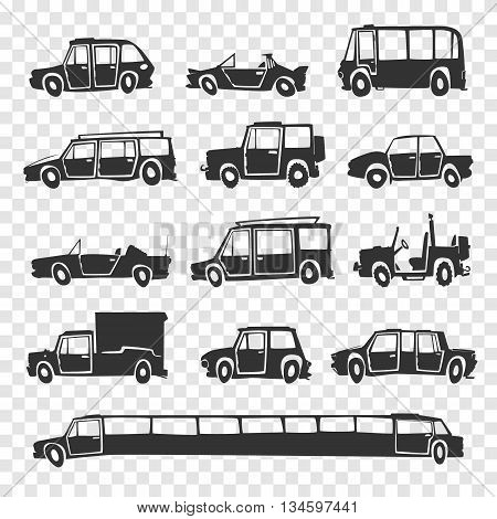 Cars. Vector set of funny cartoon cars on a transparent background.
