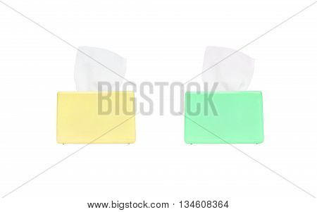 Closeup color box of toilet paper with white toilet paper isolated on white background with clipping path