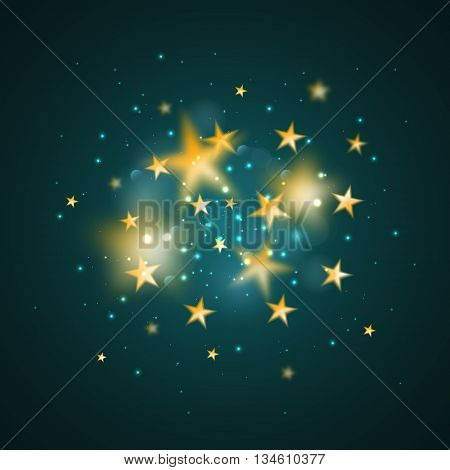 Magic background with gold blurred stars. Vecot golden defocused stars on dark cyan background.