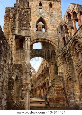 The ruins of Jedburgh Abbey in the Scottisch Borders region in Scotland