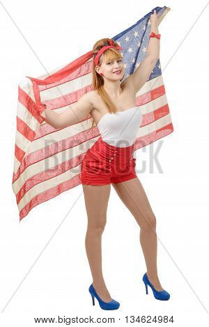 a sexy pin up girl isolated holding an American Flag