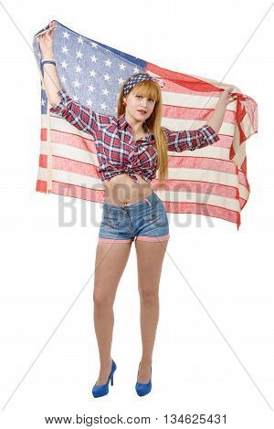 a sexy pin up girl isolated holding an American Flag