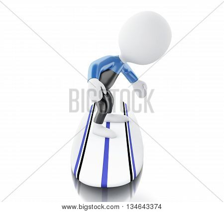 3d renderer image. White people surfing on surfboard and wearing equipment. Sport concept. Isolated white background.