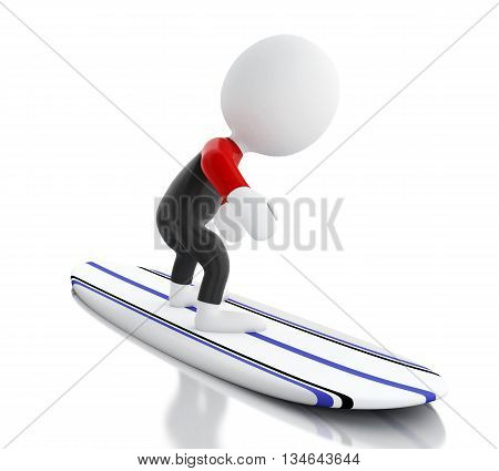 3d renderer image. White people surfing on surfboard and wearing equipment. Sport concept. Isolated white background.