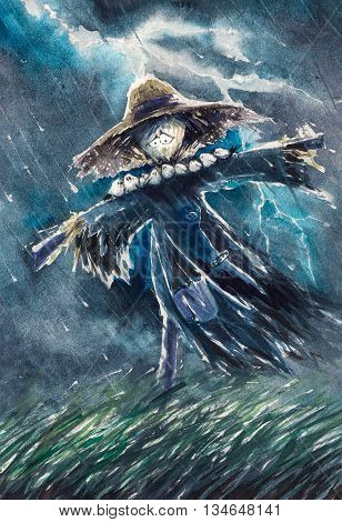 Cute scarecrow with small birds on arms during rainy night.Picture created with watercolors.