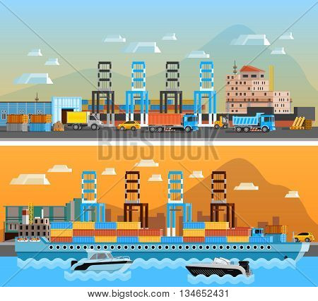 Two freight port horizontal banners with dry cargo ship at shipyard and port of loading and unloading with trucks flat vector illustration