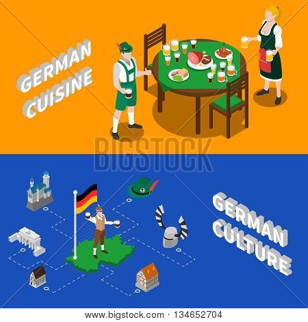 German culture for tourists 2 isometric banners with traditional national cuisine dishes and sightseeing abstract vector illustration
