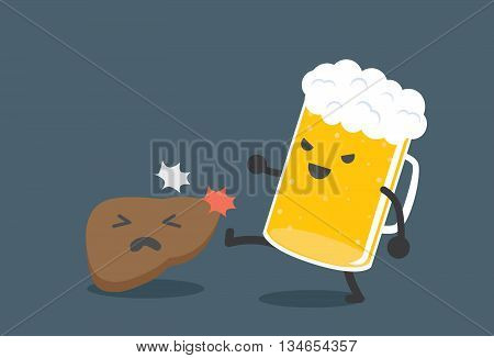 Beer kick a liver. This picture means drink beer harm the liver.