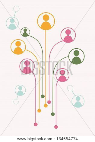 Avatars in circles connected with dot by line. Vector illustration of growth tree for communication business relations social media technology global village community connections. Flat design