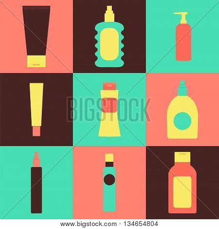 Cosmetics packaging icons. Vector illustration of cream bottles lotion soap moisture container perfume jug isolated. Beauty and bodycare set. Flat style