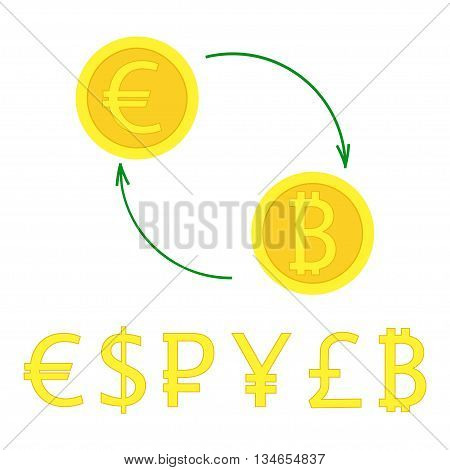 Currency exchange with arrows. Vector illustration of gold coin signs swap for banking e-commerce international trade forex. Most popular money in flat style - euro pound dollar bitcoin pound ruble.