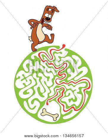 Maze puzzle for kids with dog and bone. Labyrinth illustration, solution included.