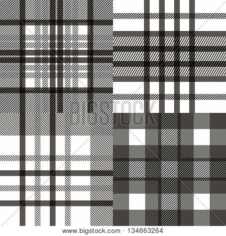 Set of seamless tartan patterns. Plaid twill black and white tartan pattern. Vector illustration.