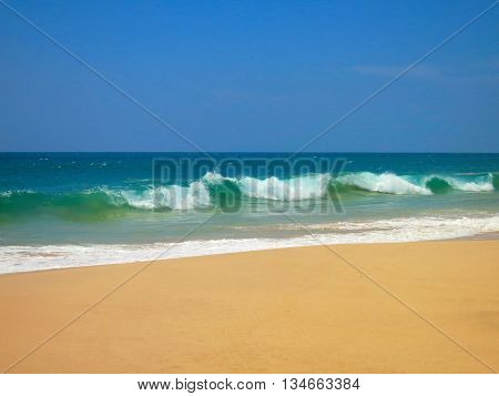 Empty ocean beach with yellow clear sand and blue waves, Koggala, Sri Lanka