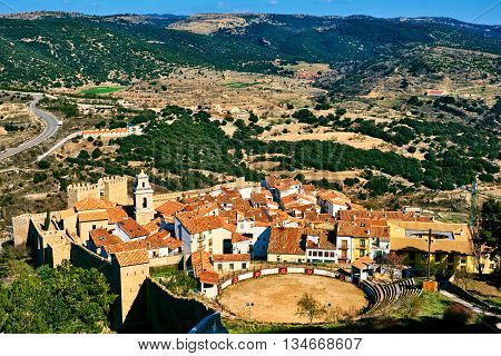 Bullring in Morella and surrounding countryside. Province of Castellon Valencian Community Spain.