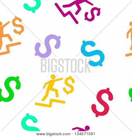 Business Steps vector seamless repeatable pattern. Style is flat business steps and dollar symbols on a white background.