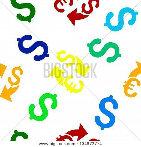 Euro Dollar Exchange vector seamless repeatable pattern. Style is flat euro dollar exchange and dollar symbols on a white background.